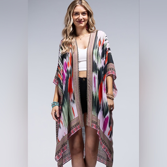 Artistic Vibrant Ethnic Print Kimono - Detailed Border - Lightweight & Silky - Picture 3 of 5